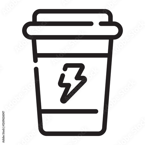 Takeaway Coffee Cup with Energy Symbol Icon, Caffeine Boost and To-Go Drink, Black and White Outline Illustration Isolated on White Background