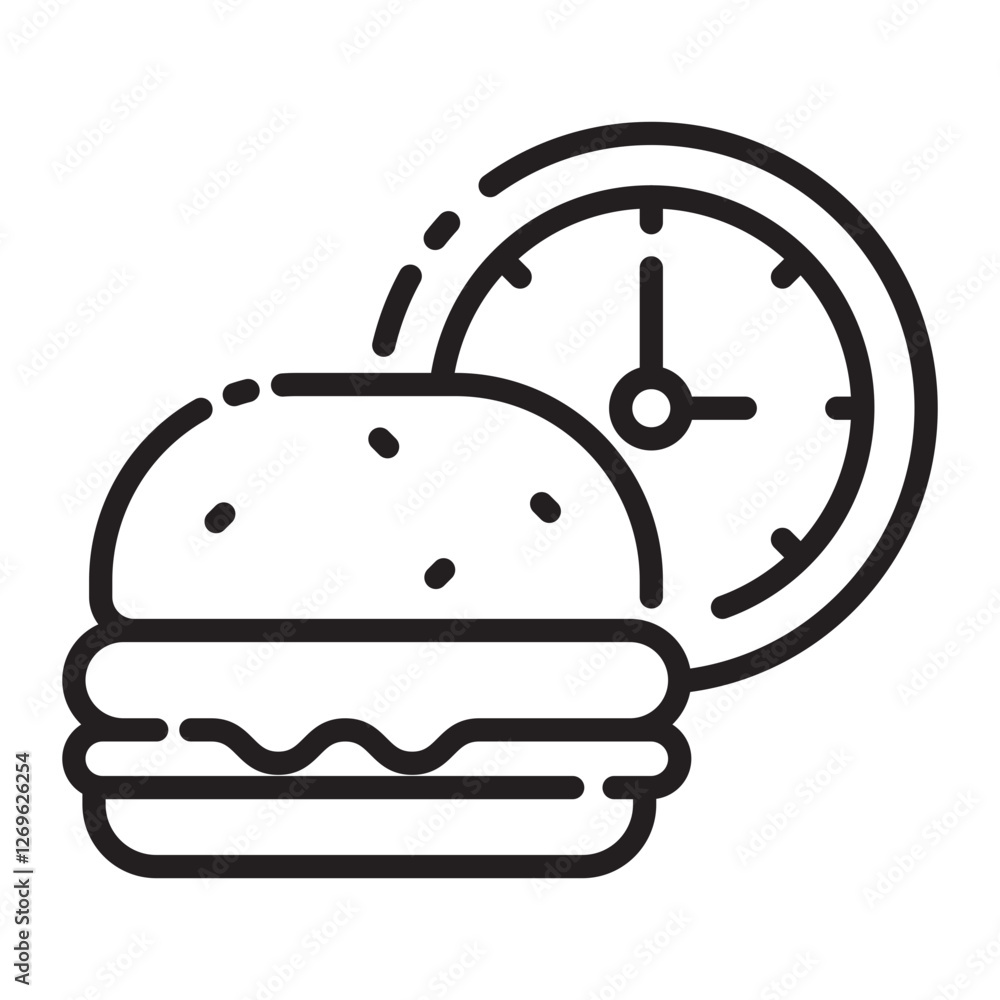 Fast Food and Time Icon, Burger with Clock Symbol, Black and White Outline Illustration Isolated on White Background Fast Food and Time Icon, Burger with Clock Symbol, Black and White Outline Illustration Isolated on White Background