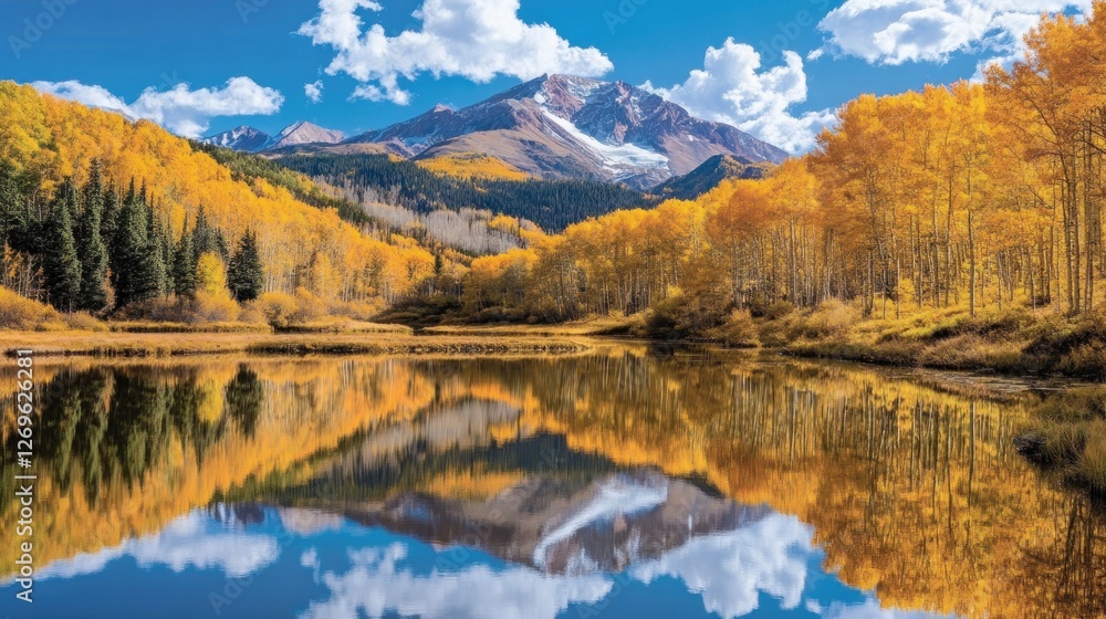 Mountain reflects in lake surrounded by autumn trees and clouds Mountain reflects in lake surrounded by autumn trees and clouds