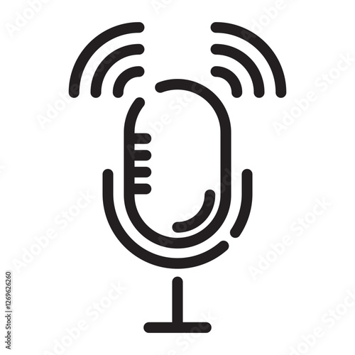 Microphone Icon, Audio Recording and Podcast Symbol, Black and White Outline Illustration Isolated on White Background