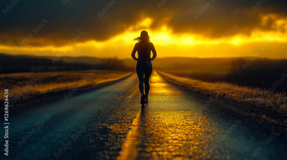 Runner training on a scenic road at sunset, enjoying the golden hour light Runner training on a scenic road at sunset, enjoying the golden hour light