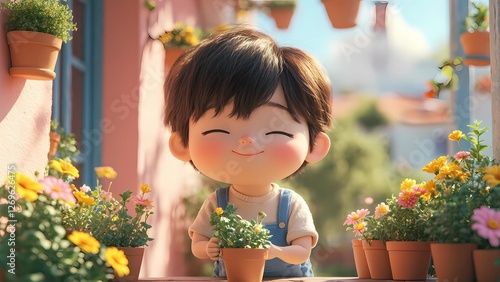 a Boy Watering Plants