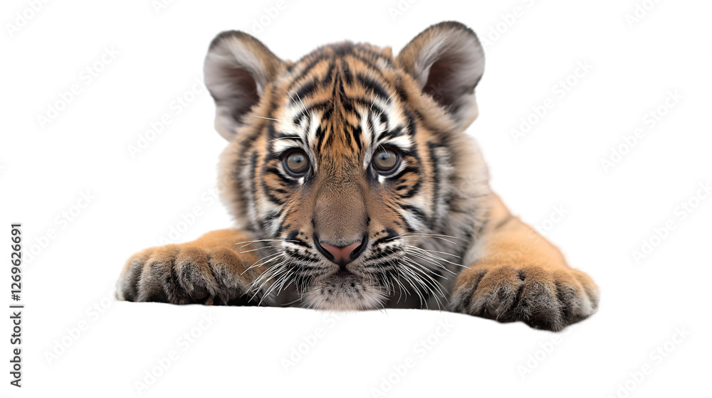 Fototapeta premium Baby Tiger Cub Autumn Leaves, Cute Wildlife with Big Paws and Sweet Eyes, isolated on transparent background.