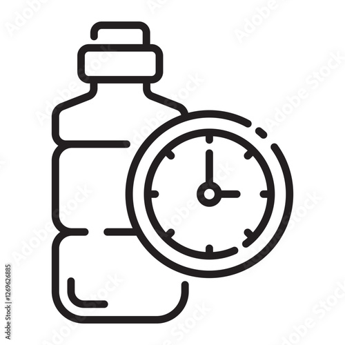 Water bottle with clock outline icon, hydration reminder and fitness symbol, black and white vector illustration isolated on white background.