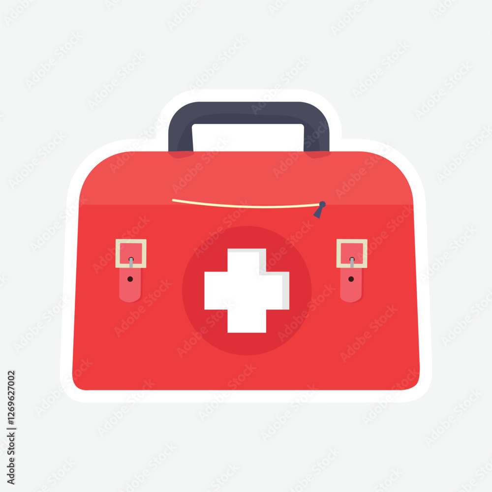 Fototapeta premium Red Medical First Aid Kit Vector Sticker. Vibrant red first aid kit sticker with a white cross, perfect for medical, health, and safety-related designs. Ideal for digital and print use