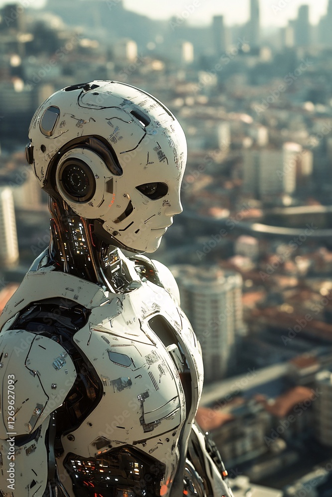 Futuristic robot looking over cityscape at day Futuristic robot looking over cityscape at day