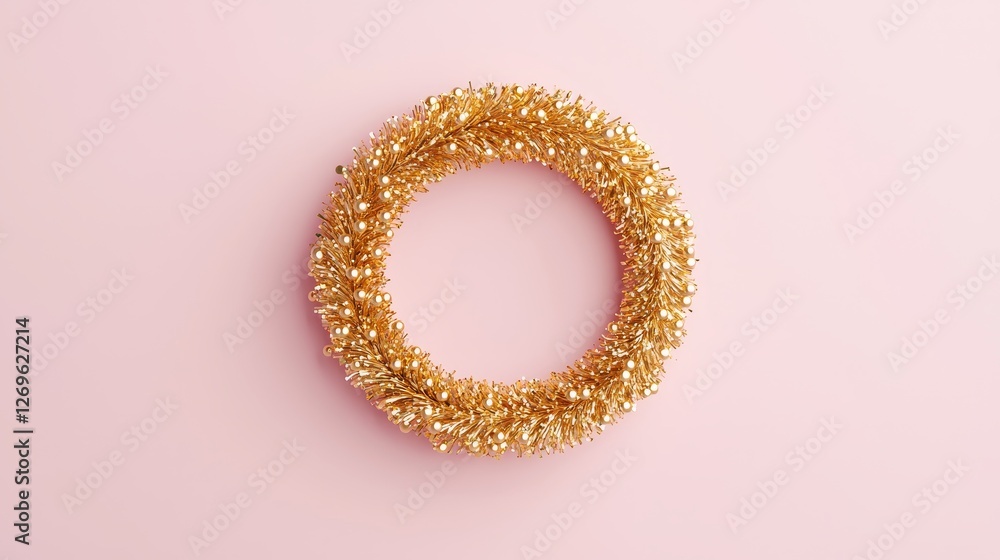 Creative gold tinsel wreath decoration home interior festive content minimalist environment top view holiday concept Creative gold tinsel wreath decoration home interior festive content minimalist environment top view holiday concept