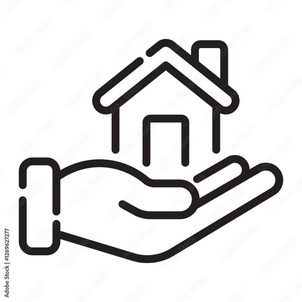 House in hand outline icon, real estate protection, black and white vector illustration isolated on white background. House in hand outline icon, real estate protection, black and white vector illustration isolated on white background.