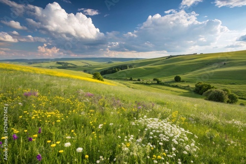 Wildflowers in a Lush Green Landscape