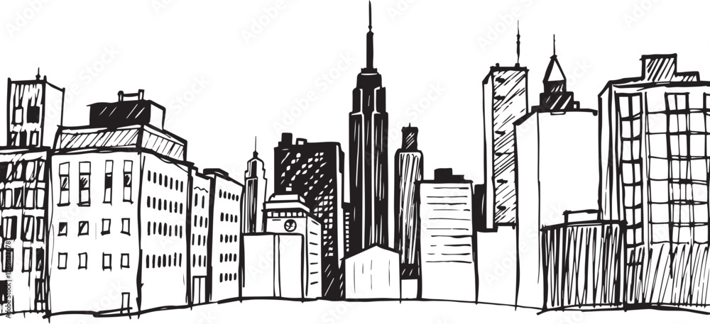 Obraz premium City landscape. Different buildings on street, outline cityscape hand sketch, flat houses. Hand drawn vector illustration