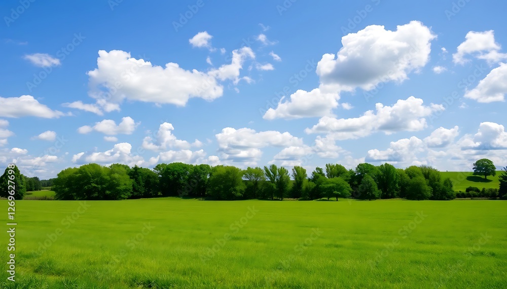 Stunning view of a vibrant green field under a bright blue sky with fluffy white clouds, idyllic summer countryside landscape. Stunning view of a vibrant green field under a bright blue sky with fluffy white clouds, idyllic summer countryside landscape.