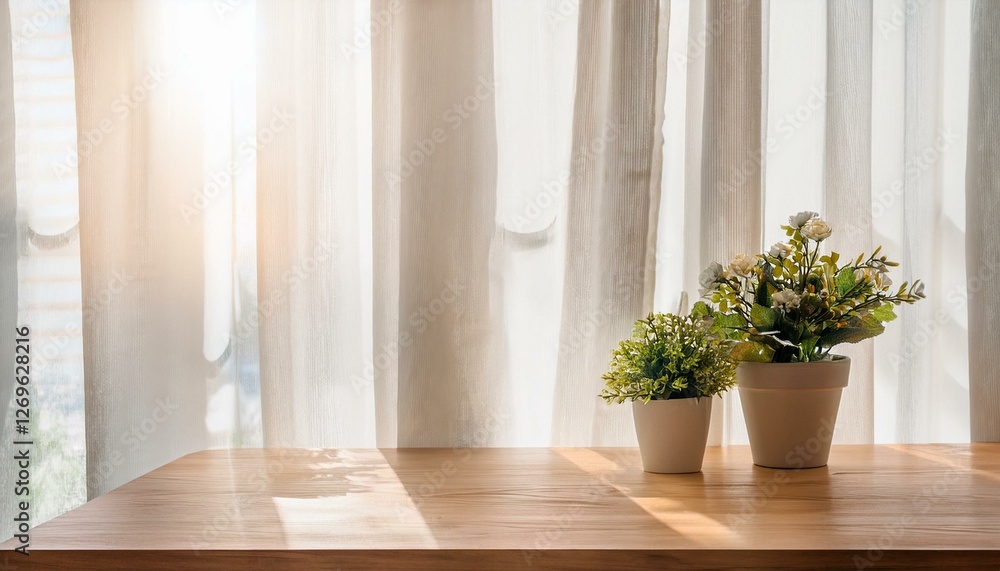 wood table with beautiful flower pot on white curtain background texture at living room in morning wood table with beautiful flower pot on white curtain background texture at living room in morning