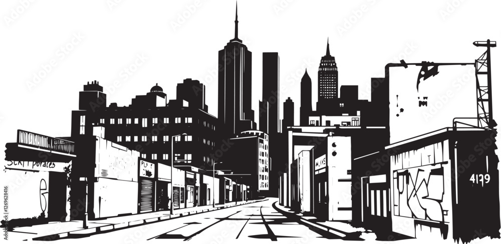 Obraz premium City landscape. Different buildings on street, outline cityscape hand sketch, flat houses. Hand drawn vector illustration