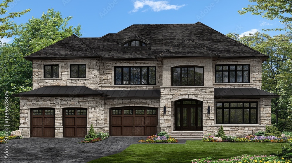 Luxury stone house facade with garage and landscaped yard on a tree lined street Luxury stone house facade with garage and landscaped yard on a tree lined street