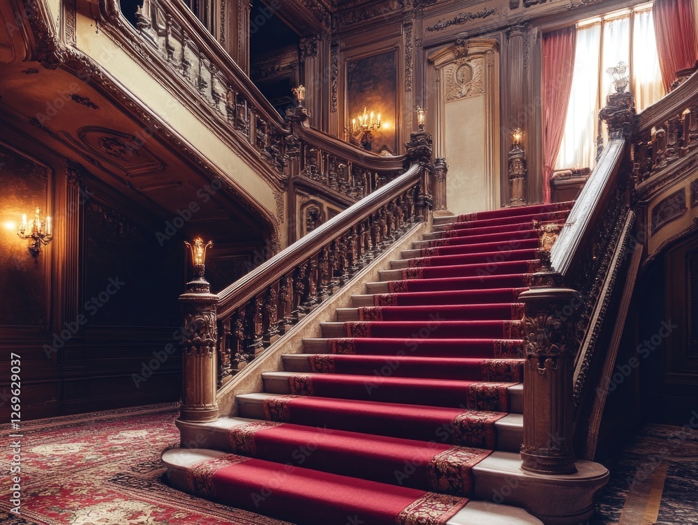 Obraz premium Staircase with Red Carpet and Chandelier