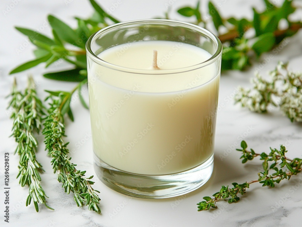 Close up view showcases stylish scented candle in glass jar resting on marble surface accompanied sprigs of rosemary and thyme highlighting clean and elegant presentation. Close up view showcases stylish scented candle in glass jar resting on marble surface accompanied sprigs of rosemary and thyme highlighting clean and elegant presentation.