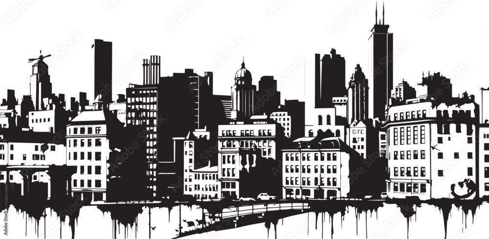 Obraz premium City landscape. Different buildings on street, outline cityscape hand sketch, flat houses. Hand drawn vector illustration