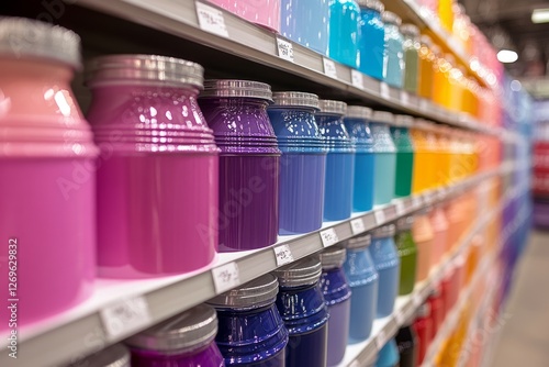 Many colorful metal containers with lids are arranged on shelves in a store, creating a vibrant and organized display photo