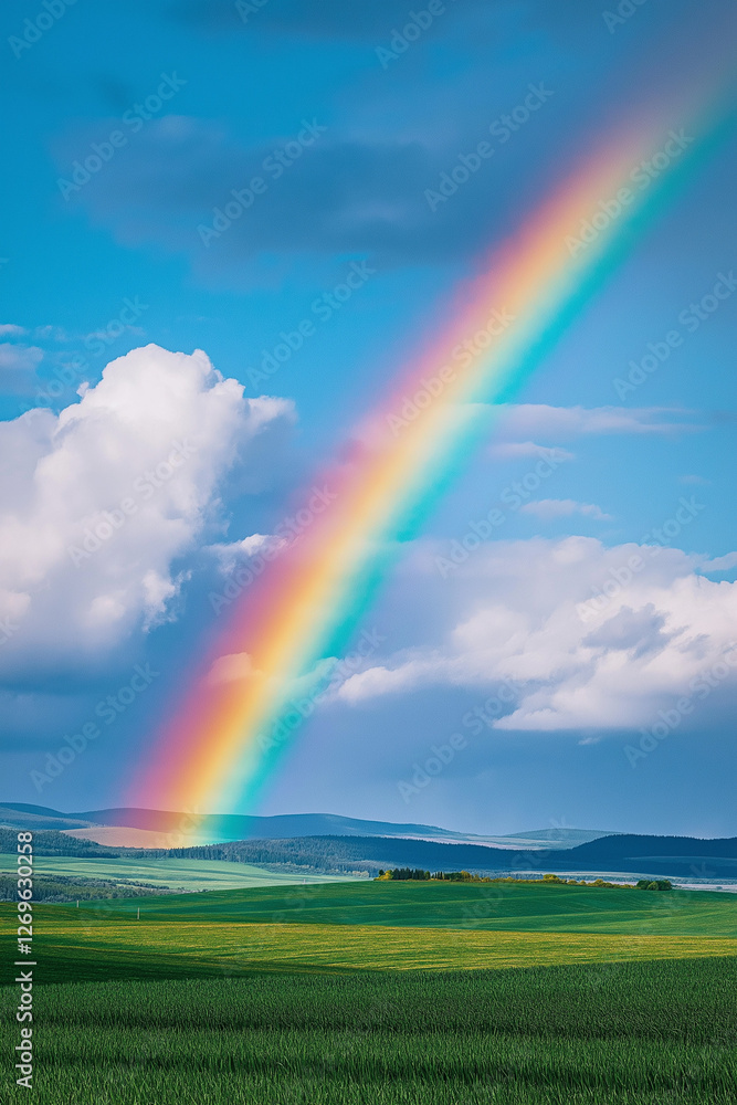 Vibrant rainbow arching across the sky after a light rain, with green fields and a clear blue sky below
Generative AI Vibrant rainbow arching across the sky after a light rain, with green fields and a clear blue sky below
Generative AI