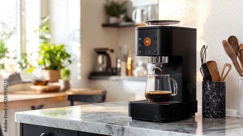 Black coffee maker brewing espresso into glass mug on marble kitchen counter.