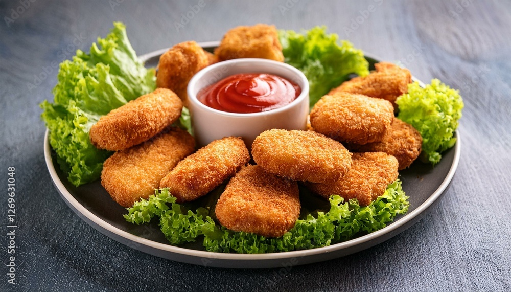 fried chicken nuggets with lettuce and ketchup on a plate