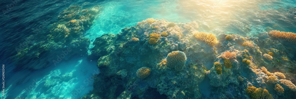 Naklejka premium Vibrant Coral Reef Underwater Scene Sunlit Rocks