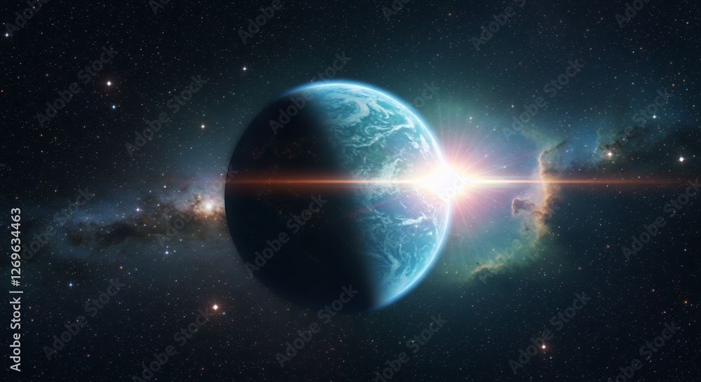 Obraz premium Blue planet with sun flare in a starry nebula background