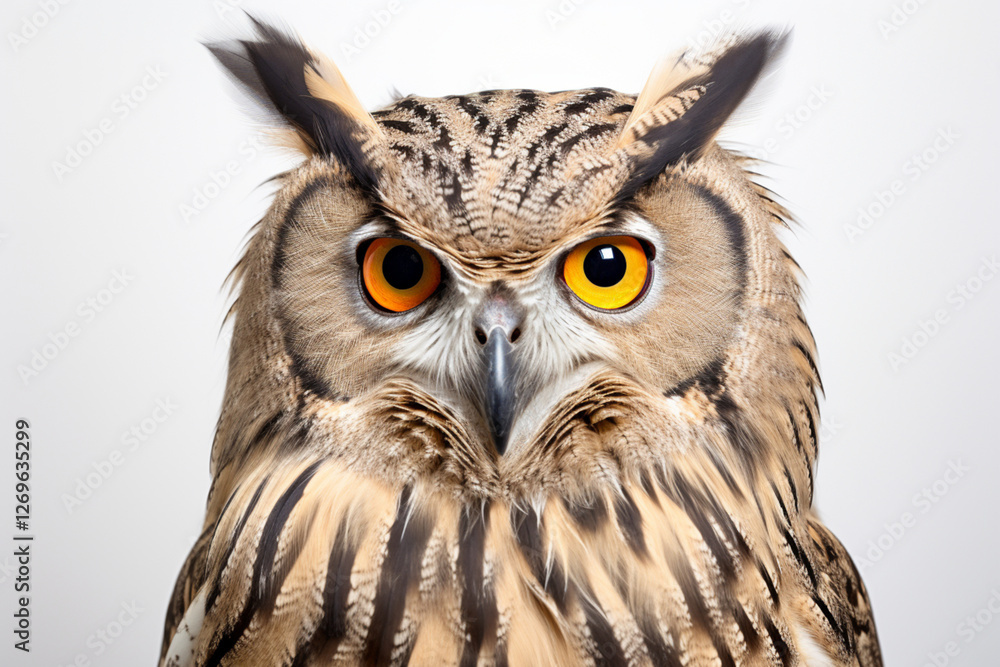 Obraz premium Eurasian Eagle-Owl close-up portrait on a white background.