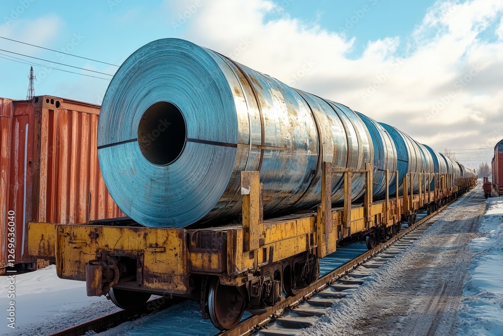 Freight train transporting steel coil rolls in an industrial area, demonstrating the logistics of heavy cargo Freight train transporting steel coil rolls in an industrial area, demonstrating the logistics of heavy cargo