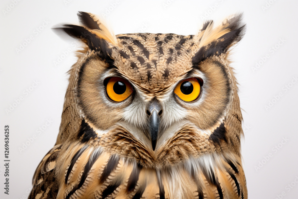 Eurasian Eagle-Owl close-up portrait on a white background. Eurasian Eagle-Owl close-up portrait on a white background.