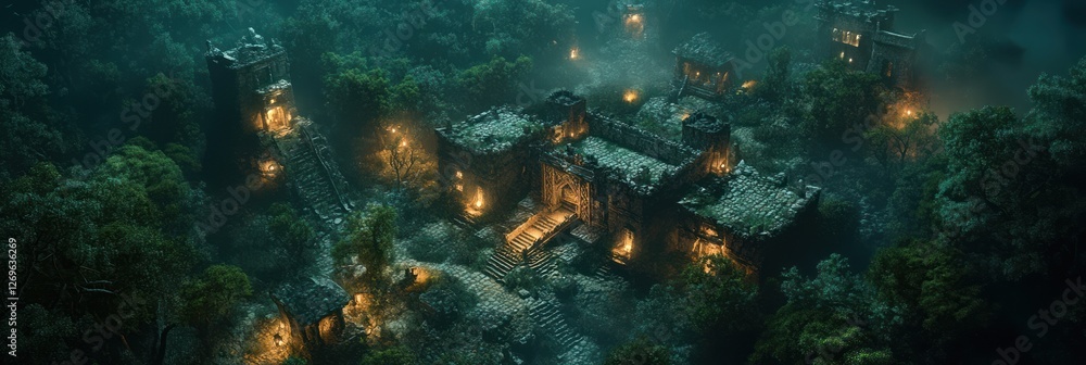 Fototapeta premium Ancient Ruins Illuminated In A Lush Forest At Night