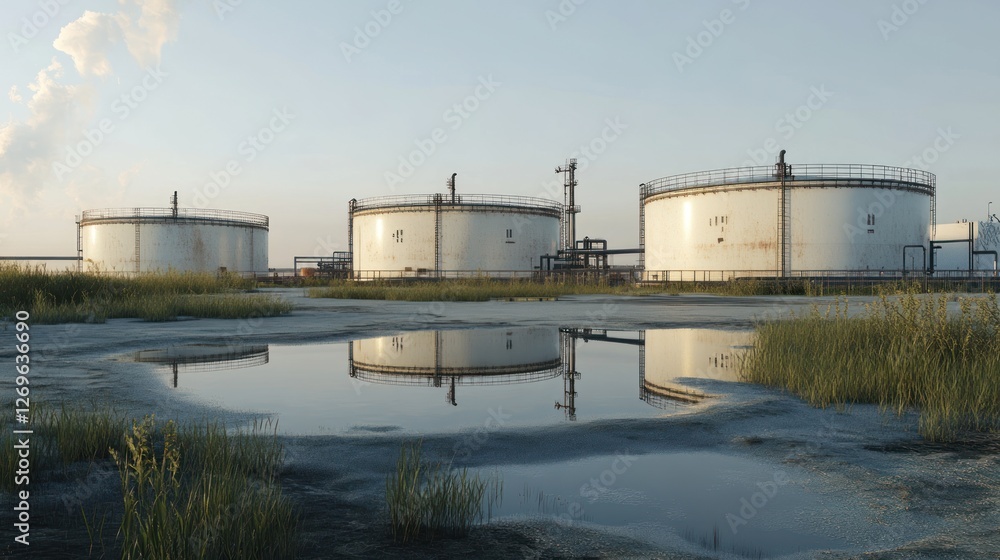 Three Large Industrial Storage Tanks Reflect In Puddle Three Large Industrial Storage Tanks Reflect In Puddle