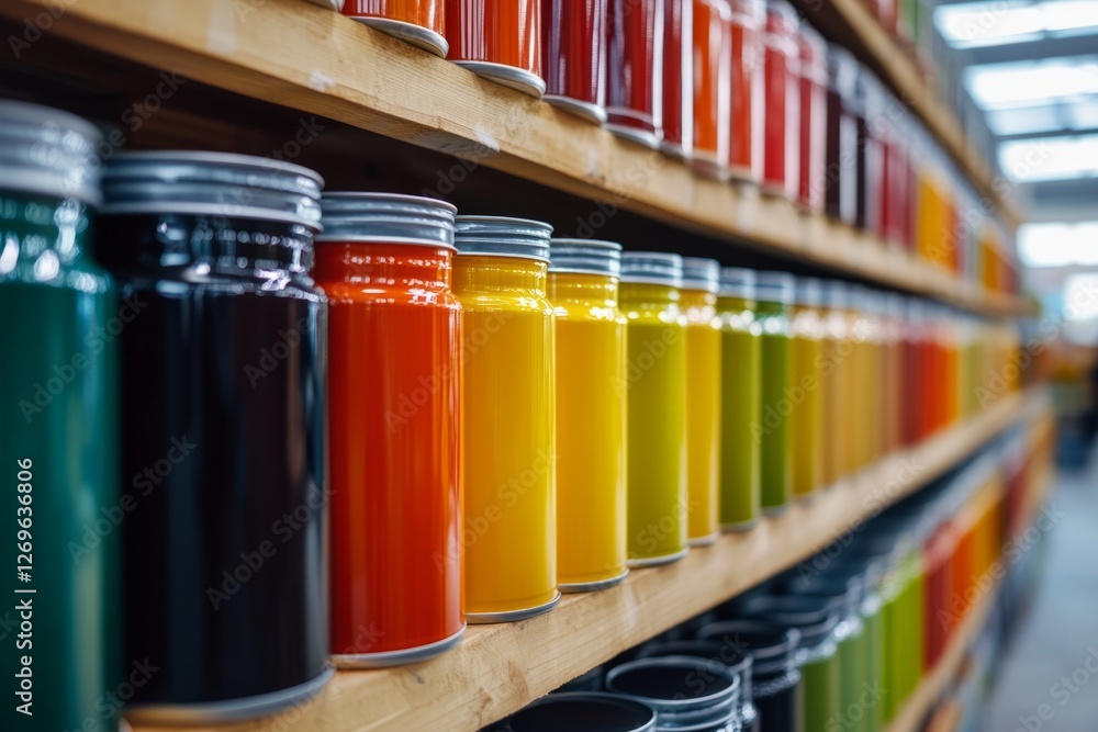Colorful spice jars neatly arranged on wooden shelves creating a vibrant and organized display in a modern store Colorful spice jars neatly arranged on wooden shelves creating a vibrant and organized display in a modern store