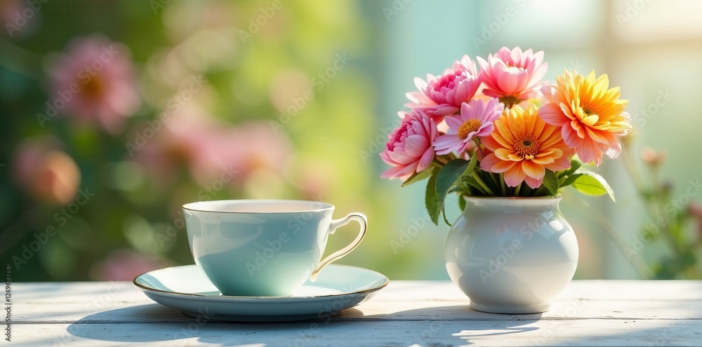 A vibrant bouquet of spring flowers beside a teacup on a sunny day, spring, flowers A vibrant bouquet of spring flowers beside a teacup on a sunny day, spring, flowers