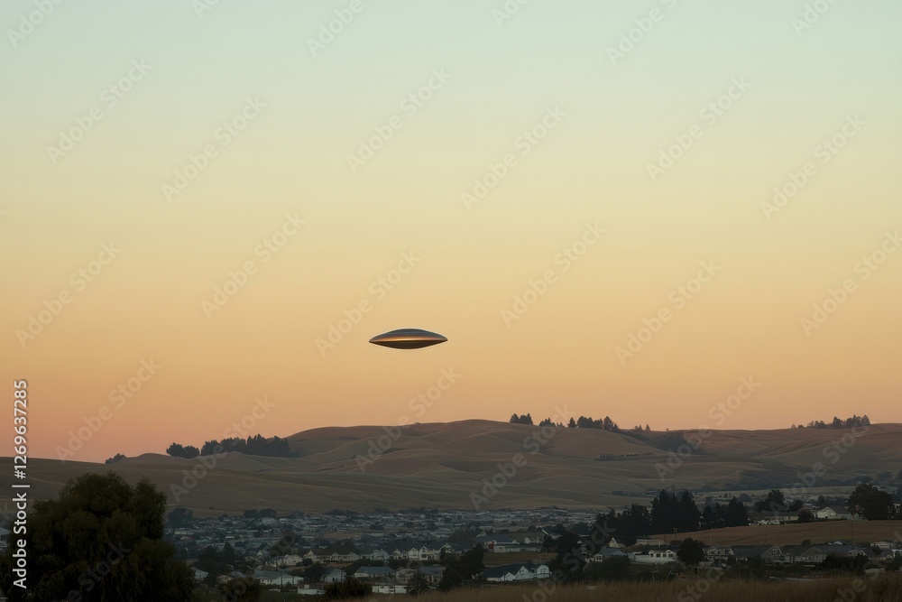 Mysterious ufo hovering gracefully in twilight sky over modern city skyline with captivating atmosphere Mysterious ufo hovering gracefully in twilight sky over modern city skyline with captivating atmosphere