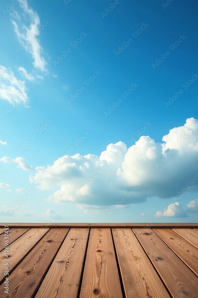 A peaceful sky with wispy clouds above a rustic wood floor, wooden, floor A peaceful sky with wispy clouds above a rustic wood floor, wooden, floor