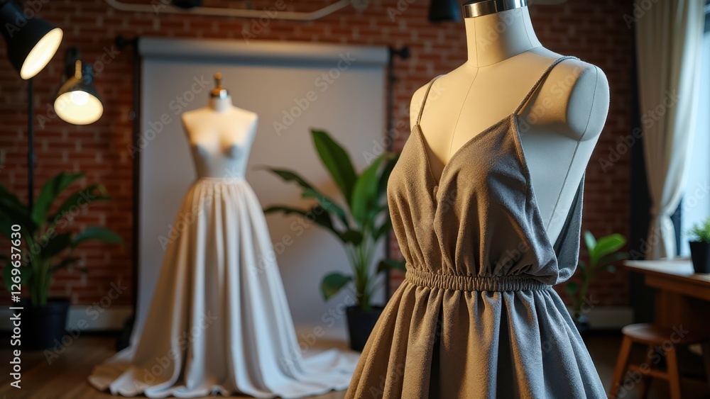 Runway finale, Designer studio backdrop focus on textiles and mannequin Runway finale, Designer studio backdrop focus on textiles and mannequin