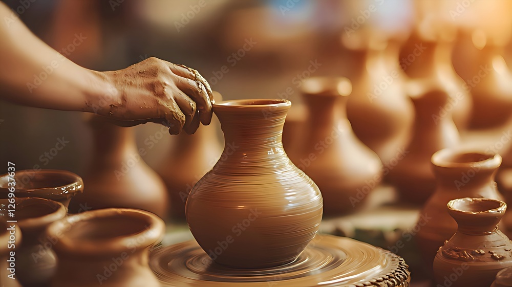 Potter shaping clay pot on pottery wheel Potter shaping clay pot on pottery wheel