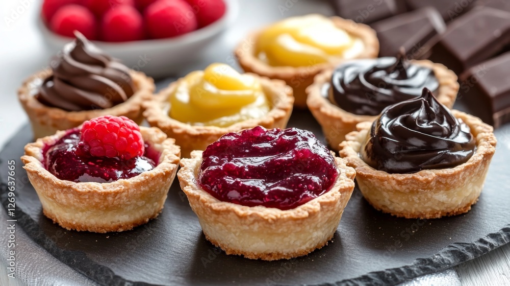 A selection of mini French tarts filled with lemon curd, raspberry jam, and chocolate ganache, arranged on a slate platter A selection of mini French tarts filled with lemon curd, raspberry jam, and chocolate ganache, arranged on a slate platter