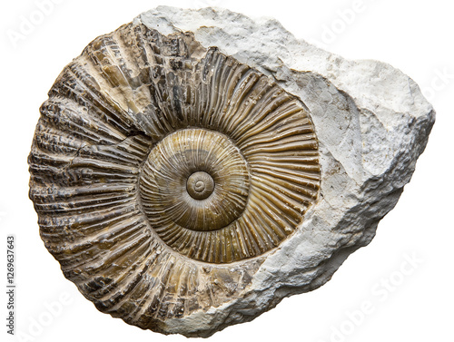 Ammonite fossil discovery on natural stone surface isolated on transparent background