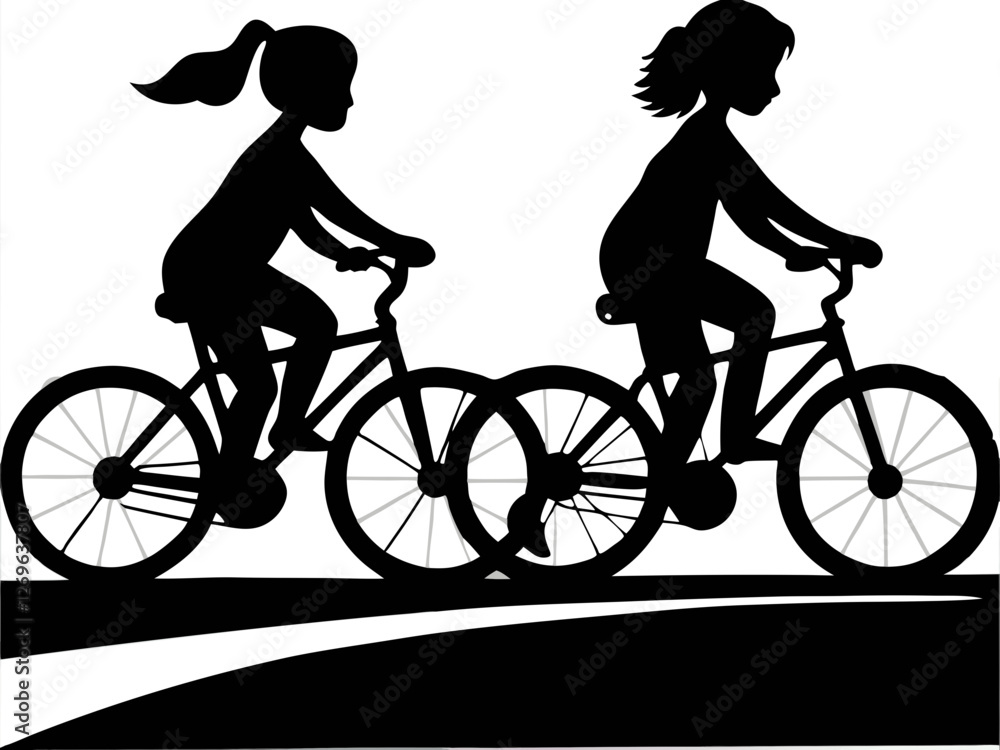 Obraz premium Silhouette of two girls riding bicycles on a curved path