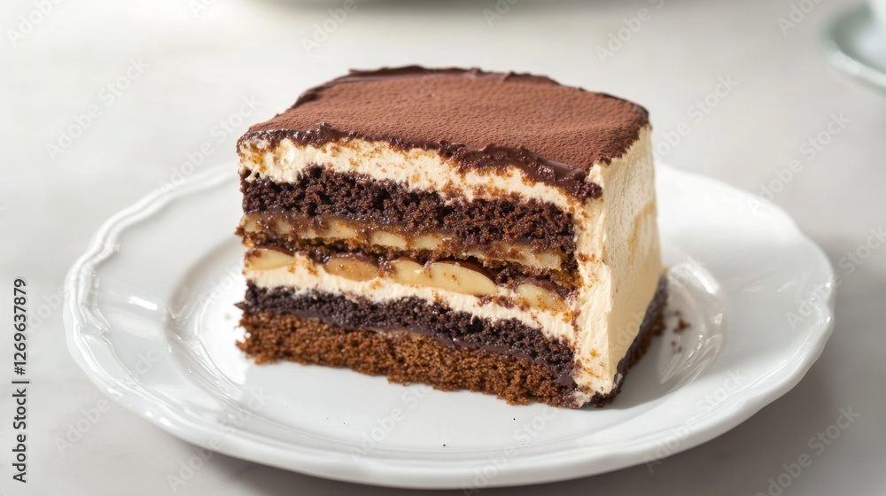 A slice of delicate French opera cake with layers of chocolate, coffee, and almond, presented on a white porcelain plate A slice of delicate French opera cake with layers of chocolate, coffee, and almond, presented on a white porcelain plate