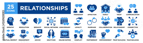 Relationships icon collection set. Containing design couple, man, woman, person, home, marriage	