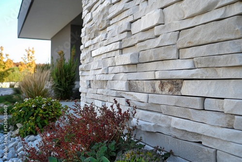 White stone cladding enhances the exterior of a modern house, complemented by landscaping featuring ornamental grasses and shrubs photo