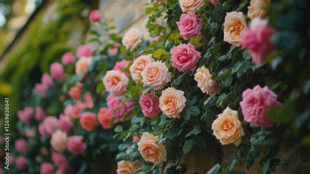Fototapeta premium Pink and yellow roses on wall