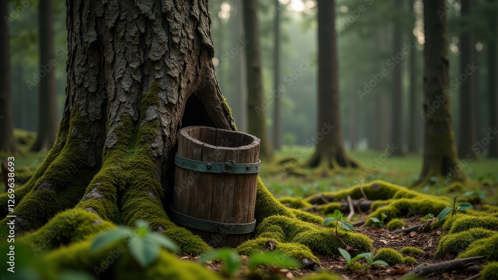 Fototapeta premium Sap bucket, Forest with ancient tree and weathered sap bucket.