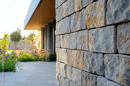 Stone wall cladding adds a touch of elegance to a modern house exterior, complementing the landscaped garden