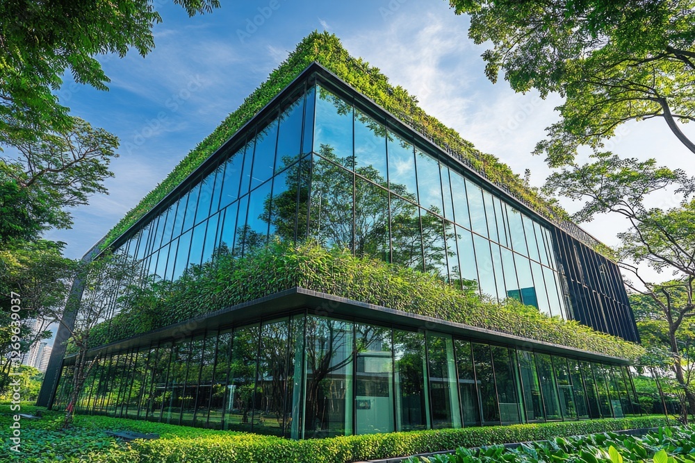 Fototapeta premium Glass Building with Green Roof and Trees
