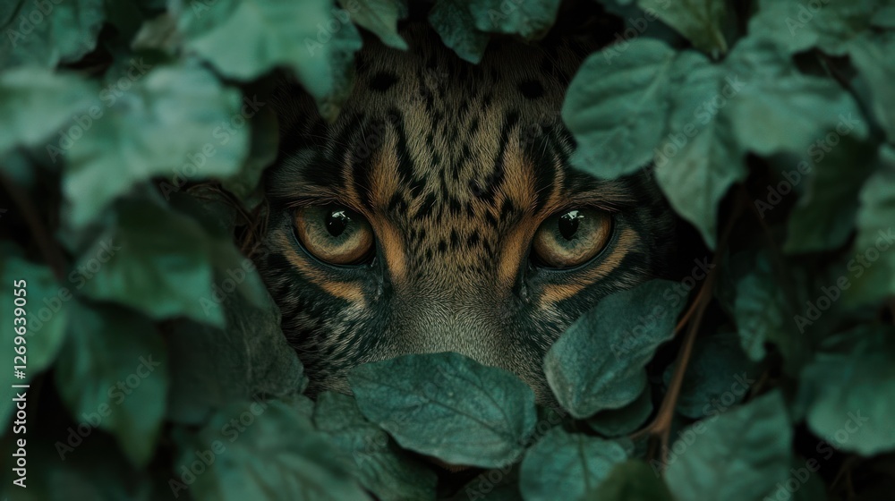 Leopard peers out from dense green foliage hiding in nature Leopard peers out from dense green foliage hiding in nature