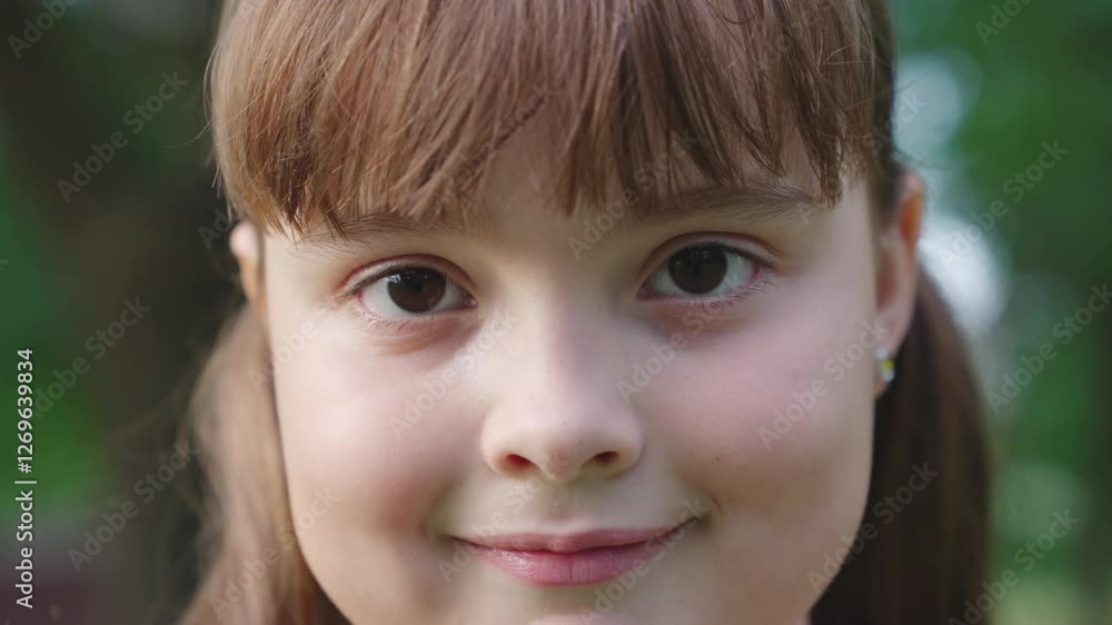 child young girl, girl has gentle smile, her eyes bright expressive, hair neatly styled bangs, background blurred green nature, looks happy peaceful, brown eyes child girl, smile face child kid child young girl, girl has gentle smile, her eyes bright expressive, hair neatly styled bangs, background blurred green nature, looks happy peaceful, brown eyes child girl, smile face child kid
